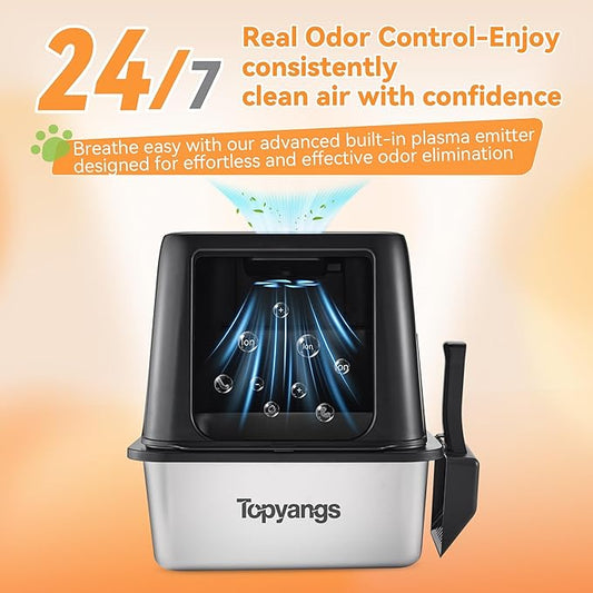 Odor-Control Stainless Steel Litter Box, 135° Flip-Top Metal Cat Litter Box with Electric Deodorization, Enclosed High Sided Litter Pan, Breeze Litter Box System, Anti-Urine Leakage