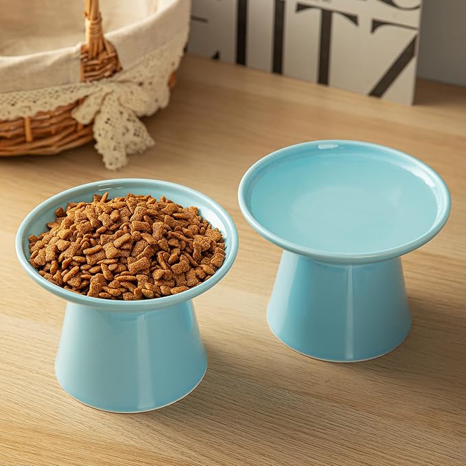 6.2 Inch Extra Wide Elevated Ceramic Cat Bowls, Food and Water Bowl Set for Elder Big Cats Small Dogs, Raised Design for Pet Easy Eating, Protect Cat's Spine Set of 2(Blue)
