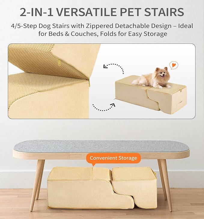 Made4Pets Dog Stairs Ramp for High Bed, 5-Step Pet Stairs for Bed Couch Sofa Climbing, 35D Foam Pet Steps for Small Dogs and Cats, Non-Slip Bottom Dog Steps, Tan