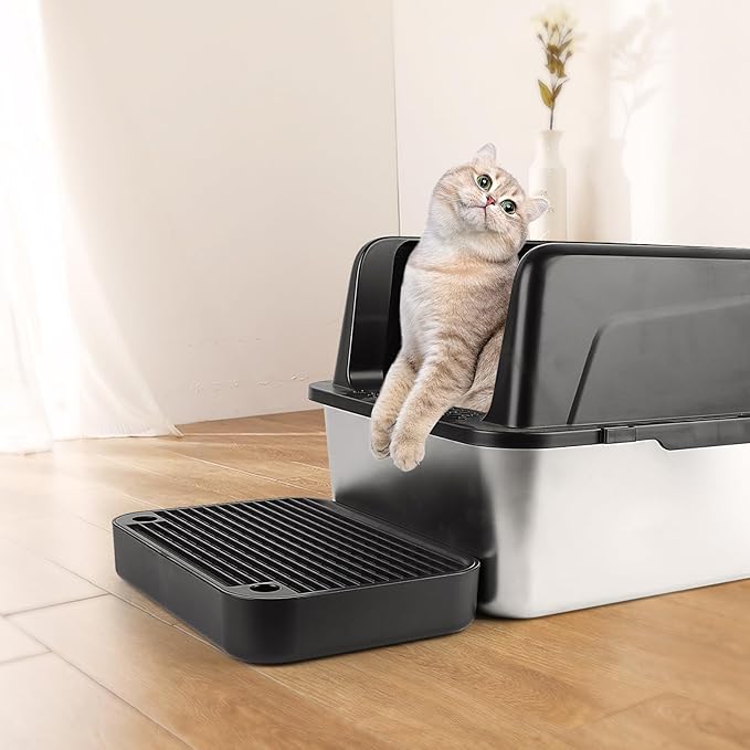 Litter Box Step, Cat Step/Ramp/Catcher with Filter Function, Easy to Clean, Ideal for Kitten & Elderly Cats (Black)