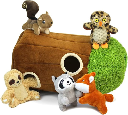 Hide and Seek Dog Puzzle Puppy Toys, Interactive Squeaky Plush, Stuffed Toys for Dogs (Sheep, Panda, Forest Animals) (Tree Hole Mix Large)