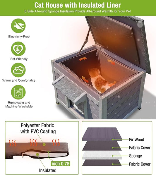 GUTINNEEN Insulated Cat House Outdoor Weatherproof, Wooden Cat Shelter with 0.78" Thick Insulated Liner, Asphalt Roof, Elevated Base, Kitty House for Winter