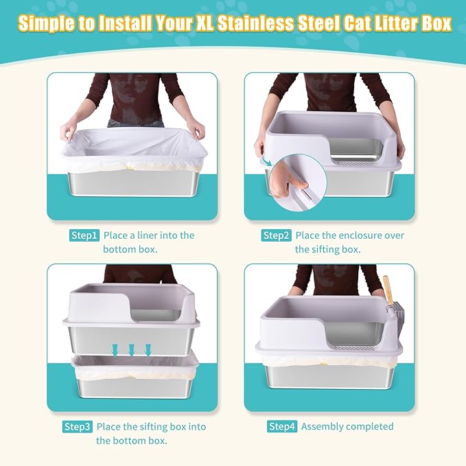 XL Stainless Steel Sifting Cat Litter Box with 6'' Sifting Box & 8'' Bottom Pan, Sifting Cat Litter Pan High Side, No Mess, Nnti-Odor, Easy to Clean, Metal Cat Litter Box with Metal Scooper & Liners