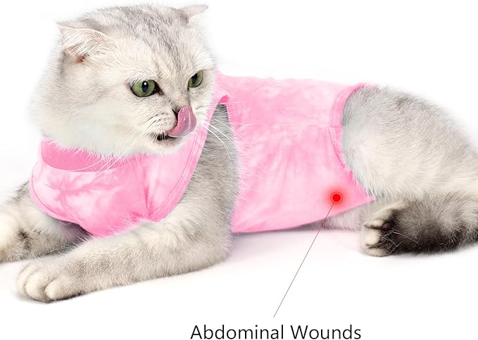 Cat Recovery Suit for Male and Female Surgical Post Surgery Soft Cone Onesie Tie Dye Cats Shirt Clothes Neuter Licking Protective Diapers Outfit Cover Kitten Spay Collar Alternative(Pink, M)