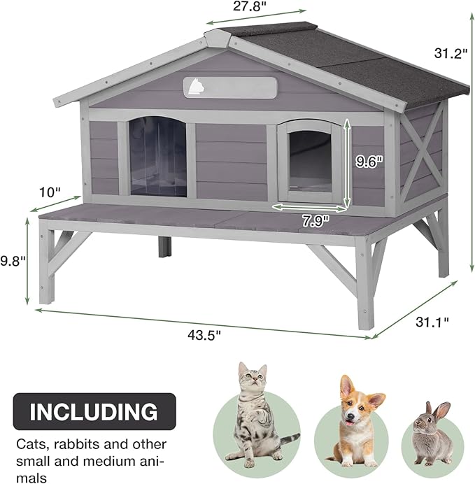 Outdoor Cat House for Feral Cats, Wooden Cat Shelter with Weatherproof Roof and Large Balcony