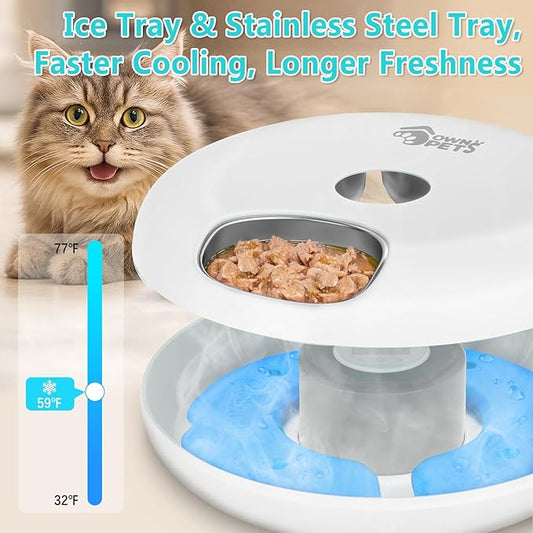Ownpets Automatic Cat Feeder for Wet Food, with Stainless Steel Tray, 6 Meals Rechargeable Auto Pet Feeder with 2 Ice Packs, Cat Food Dispenser for Cats Small Dogs