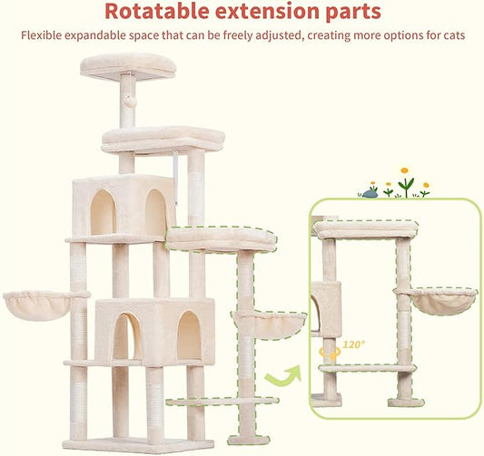 Hey-brother Cat Tree Tower, Scratching Posts with a Extended Part, Wide Platforms, Cozy Condos, Hammocks, Sisal Columns and Ball for Indoor Cats, 70.1 Inches, Beige MPJ038M