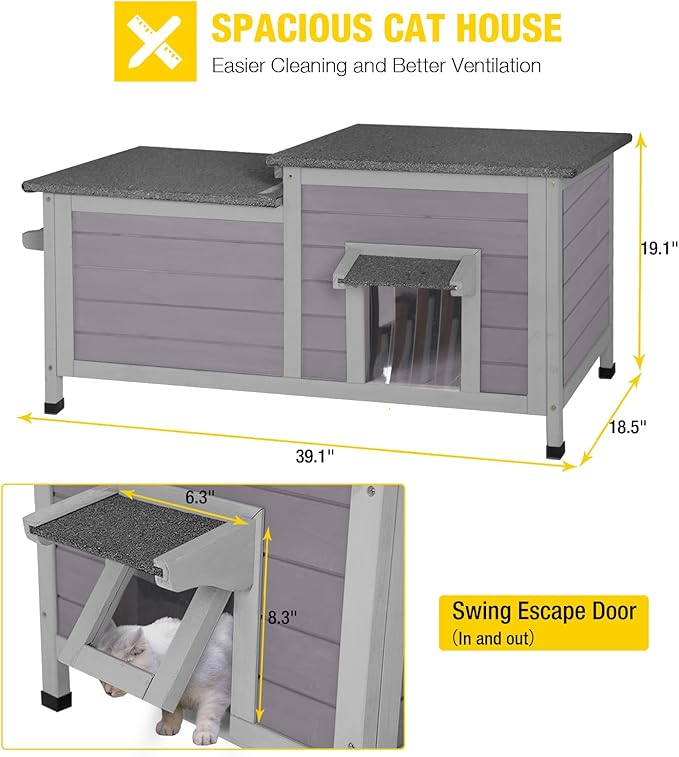Aivituvin Cat House Outdoor Feral Cat Shelter Weatherproof Cat Condo for Winter Double Rooms Kitty Cage