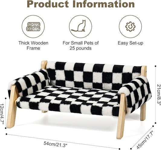 Elevated Cat Couch Bed for Indoor Cats - Wooden Pet Sofa with Removable Washable Thick Cover Raised Kitty Lounge Chair Suitable for Puppy or Small Animals(Cat Sofa Chessboard)