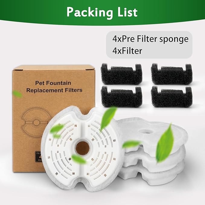Cat Water Fountain Filter, Multiple Filtration Pet Water Fountain Replacement Filter,4 Cotton Activated Carbon Cat Fountain Filters and 4 Pre-filter Sponges (4+4 Pack)