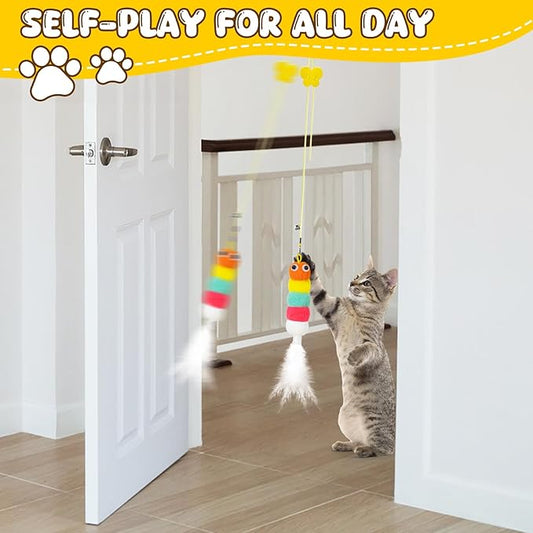 Cat Wand Toys, Adjustable Toys with Silvervine Sticks, Interactive Cat Feather Wand Toy for Indoor Cats, Elastic String Pole Toy with Bell & Feather (Extension Suspension)