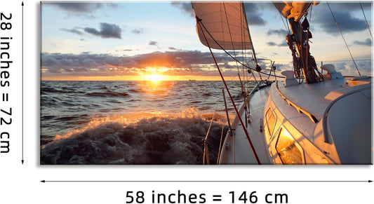 Yacht Sailing in Sea at Sunset Scenery Canvas Wall Art for Living Room Bathroom,Close-up View of Deck Mast Sails Picture Print Artwork Painting Decor,Epic Seascape Scenic Landscape,Inner Frame 30x60