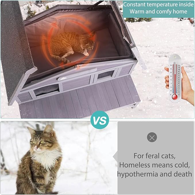 Outdoor Cat House with Insulated Liner,Weatherproof Outside Feral Kitten Shelter for Winter,Wooden Cat Codons with Large Balcony