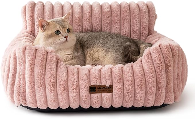 MEWOOFUN Cat Beds for Indoor Cats, Fluffy Cat Couch with Removable Washable Cover, Supportive Small Dog Beds for Puppy & Kitten up to 15 lbs (Pink, 24x19x12)