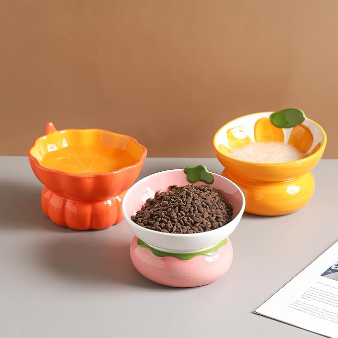 Ceramic Raised/Elevated Cat Food Bowl for Indoor Cats, Anti Vomiting & Protect Pet's Spine, Cute Fruit Themed Tilted Cat Dish for Flat Faced Cats and Kitten (Orange Shaped)