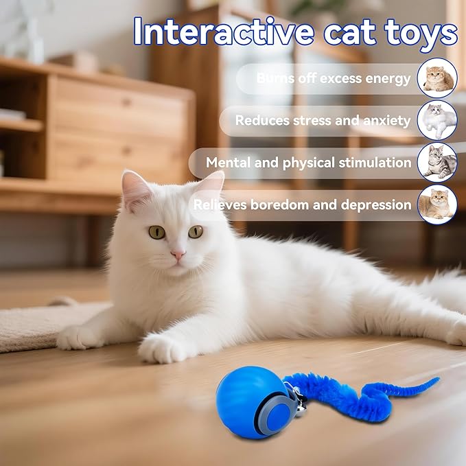 Vrurc Interactive Cat Toy Ball-Speedy with Feather & 3 Tails,Motion Activated Auto Roll,2 Speeds Rechargeable,Indoor Cat Stimulation, Enrichment,Keeps Busy,Durable (Blue)