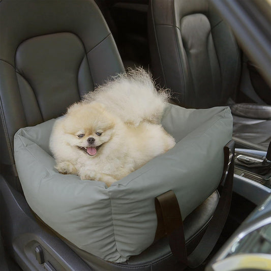 Dog Car Seat for Small Dogs, Large Leather Dog Car Bed with Storage Pocket, Waterproof PVC Leather Booster Seat Travel Bed for Front & Back Seat, Clip-On Safety Leash (Grey)
