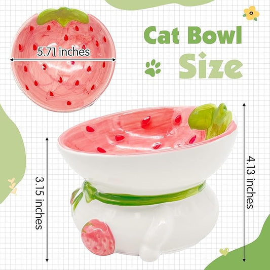 kathson Ceramic Raised Cat Bowl, 15° Tilted Elevated Cat Food Bowl, Raised Cat Food Bowls Anti Vomiting, Small Cat Feeding Bowlswith Stand for Protecting Spine, Strawberry Shaped Cute Kitten Bowl