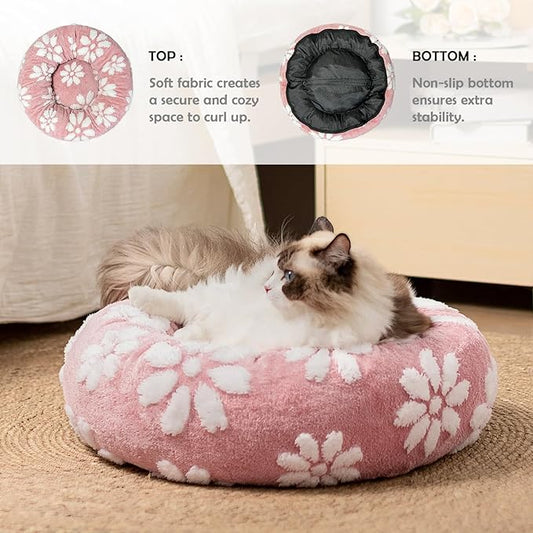 Donut Dog Beds for Small Dogs, Calming Round Cat Beds for Indoor Cats, Cute 3D Textured Flower Pet Bed with Removable Washable Cover and Anti-Slip Bottom(Pink,20")