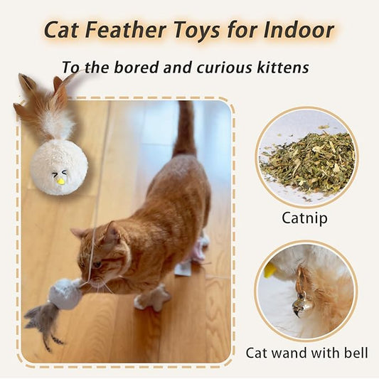 3 PCS Cat Wand Feather Toy, Cat Teaser Sticks with Catnip & Bell Interactive Plush Ball Cats Toys for Indoor Play Chase Exercise with Kittens