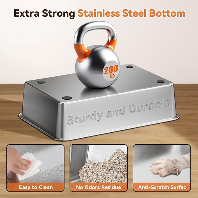 Stainless Steel Litter Box with Lid, Cat Litter Box Enclosure XL Odor-Proof with Litter Mat, Covered Litter Box Rust-Resistant Durable for Big Cat, Easy Clean 37L Capacity (Beige)