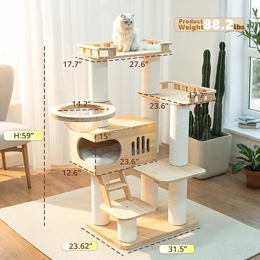 59'' Tall Wooden Cat Tree For Indoor Cats,Modern Cat Tower With Big House,Clear Bowl,Luxury Multi-Level Cat Climbing Frame With Climbing Ladder,Large Platform,Heavy Duty XXL Maine Coon Cat Tree
