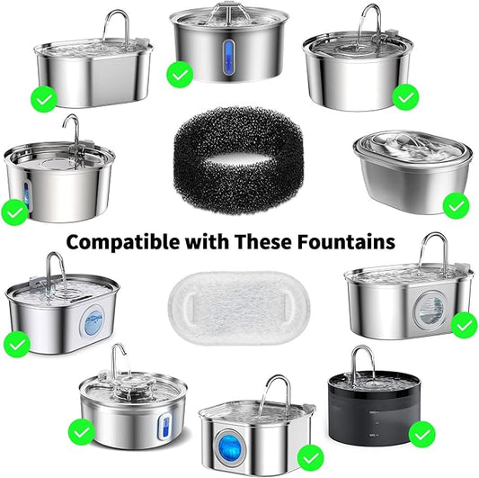 16 Pack Cat Water Fountain Filter Replacement, 4+4/8+8/12+12/16+16 Pack for Stainless Steel Cat Fountain 2L/67oz and 3.2L/108oz, 8 Carbon Filters & 8 Pre-Filter Sponges