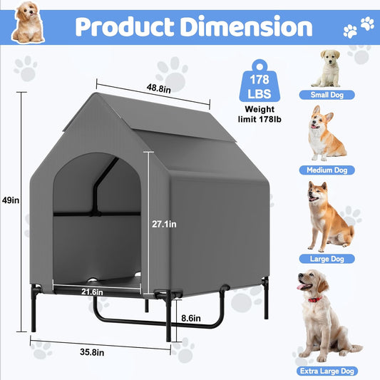 48” Extra Large Dog House-2-in-1 Extra Large Dog House with 8.5” Elevated Dog Bed-Weatherproof Waterproof Outdoor Dog House,Easy to Clean
