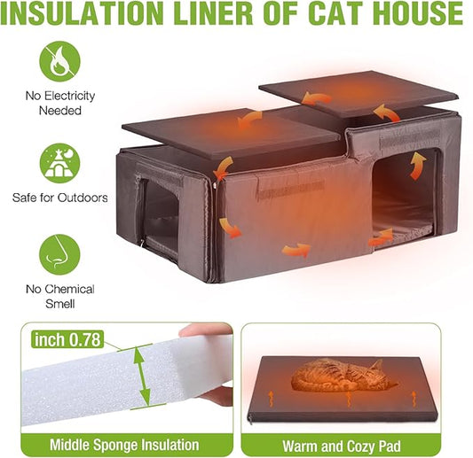 GUTINNEEN Outdoor Cat House Insulated, Weatherproof Feral Cat House Outside, Heated Stray Cat Shelter for Winter, Wooden Kitty House Indoor
