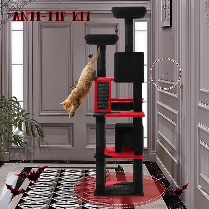 PAWZ Road 70 Inch Cat Tower, Gothic Cat Tree with 2 Cozy Condos, 2 Plush Perch, Large Basket, 2 Scraching Pad & 6 Scraching Posts for Indoor Cats Large Adult