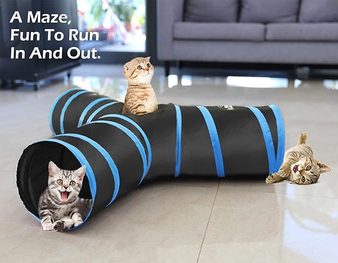 Pawaboo Cat Tunnel Tube - 3-Way Tunnels 25x53cm Extensible Collapsible Play Tent Interactive Toy Maze House Bed With Balls and Bells for Kitten Kitty Rabbit Small Animal, Blue