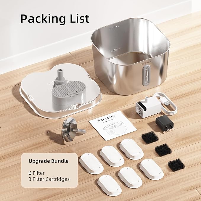 Cat Water Fountain Stainless Steel:74oz/2.2L Water Fountains for Cats Indoor, Cat Fountains for Drinking, Ultra-Quiet, Water Level Window, Pet Water Fountain - 6 Filters + 3 Sponges