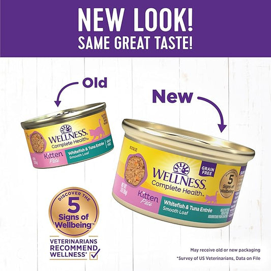 Wellness Complete Health Pate Kitten Wet Cat Food Canned Food, Natural, Protein-Rich, Grain Free, 3 Ounce Cans, 24 Pack, (Whitefish & Tuna)