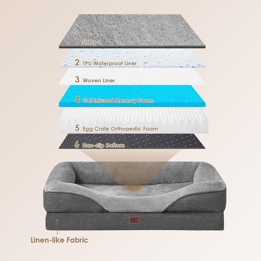EHEYCIGA Memory Foam XL Dog Bed for XLarge Sized, Extra Large Orthopedic Dog Sofa with Sides and Waterproof Liner, Washable Bolster Pet Couch with Removable Cover, 48x35x7.5 Inch, Grey
