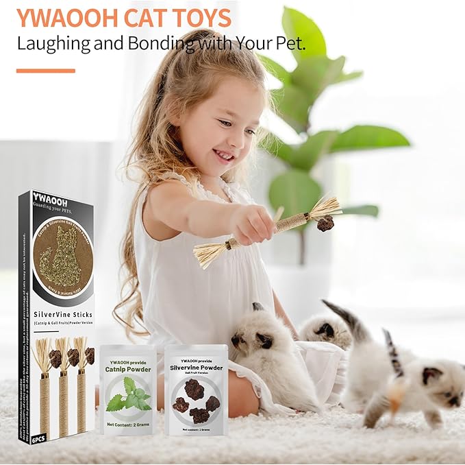 Cat Toys, 6 Silvervine Chew Sticks & 1PCS Organic Catnip & 1PCS Silvervine Powder, Cat Dental Toys for Kitten Teeth Cleaning, Matatabi Cat Toy