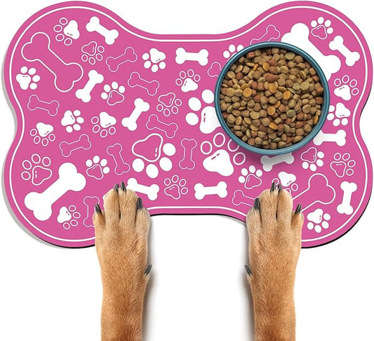Dog & Cat Food Mat Bone Shaped Pet Feeding Mat Quick Absorb Water Bowl Placemat with Rubber Backing Indoor Floor Stain Resistant Pet Accessory Supplies (Pink Small, 12x18 Inches)