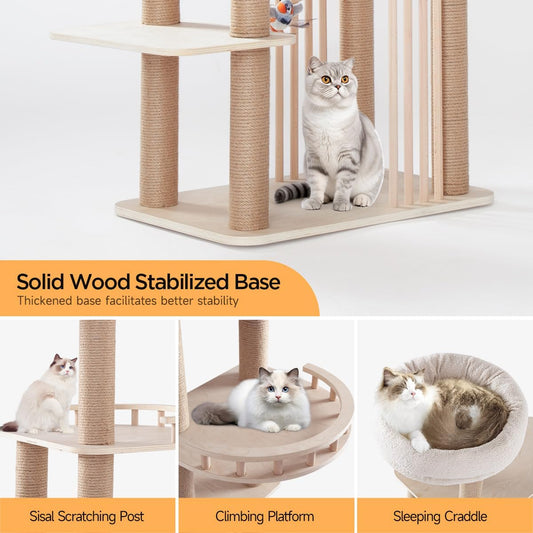 68" Large Cat Tree, Solid Wood Multi-Level Cat Tower with Scratching Posts, Fun Toys, and Washable Plush Platform for Indoor Cats