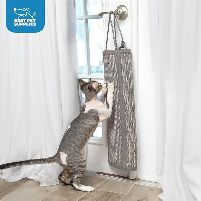 Best Pet Supplies Cat Scratchers for Indoor Cats - Interactive Hanging Log & Mat, Supports Natural Behaviors, Heavy Duty, Gray