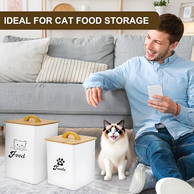 Cat Food Storage Container with Scoop, 2PCS Cat Food Storage Container with Lids Airtight, Cat Treat Jars for Kitchen Counter-7+3Lbs, Cat Cookie Jar for Storage, White