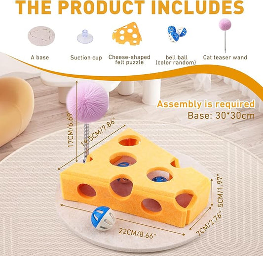 Interactive Cat Puzzle Toy for Indoor Cats & Kittens - Fun Track Balls & Spring Teaser in Stimulating Felt Puzzle Box (Yellow) - Mental Enrichment Game