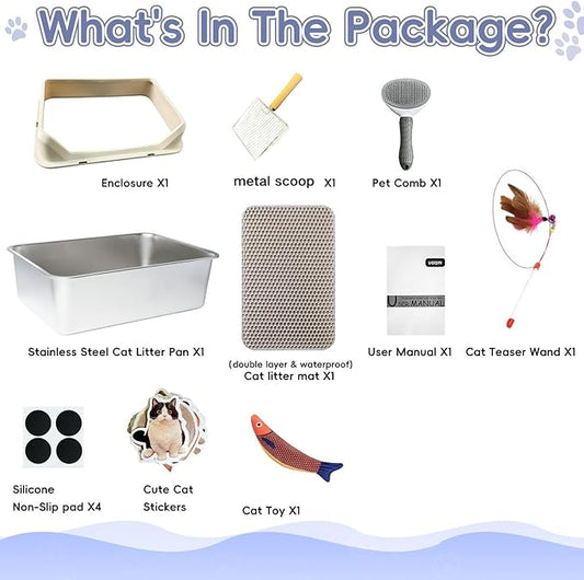 Stainless Steel Cat Litter Box with Lid,Large Litter Box with Side Entrance,Kitty Litter Pan High Sided,Anti-Urine Leakage,Easy to Clean,Included Scoop,Litter Mat&Fish Toys,Brush