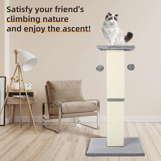 Cat Scratching Post,32 Inch Heavy Duty and Thicker Cat Scratching Post with Jumping Platform,Tall Cat Scratching Posts for Indoor Cats Adults,Wear-Resistant and Non-Scratch(Grey)