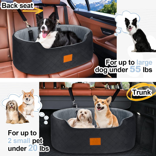 Dog Car Seat for Medium Dogs Up to 50 lbs, Pet Booster Seat for Cars SUVs and Trucks, Travel Dog Bed with Safety Strap, Thick Cushion, Non-Slip Base, Washable and Portable(Black/Gray