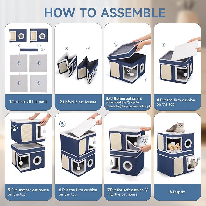 2-Storey Cat House for Indoor Cats, Large Double Cat Bed Cave with Hideaway Condos, Scratch Pads, Hanging Balls, Foldable Indoor Cat House Hold Up to 30LBS, Cat Cube for Multiple Cats Kitten, Blue