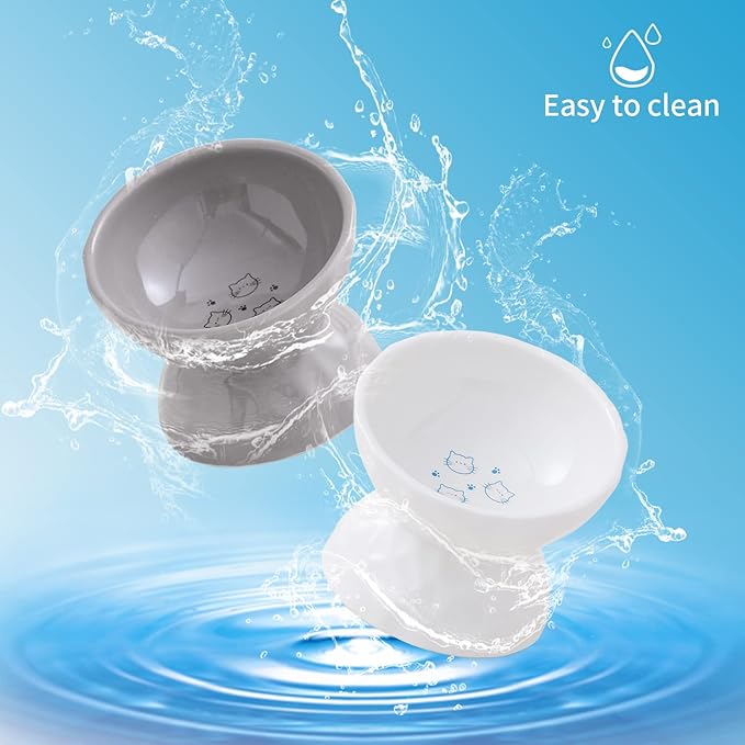 OMAYKEY Ceramic Raised Cat Bowls, Tilted Elevated Cat Food and Water Bowl Set, Porcelain Stress Free Pet Feeder Dish for Cats and Small Dogs, Dishwasher and Microwave Safe, White & Grey, Set of 2