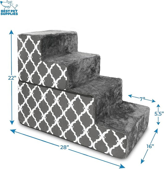 Best Pet Supplies Dog Stairs & Steps - Foam Steps for Small Dogs & Cats, Non-Slip Indoor Balanced Pet Step Support, Dog Ramp, No Assembly, Gray Lattice Print, Foldable 4-Step (22-inch Height)