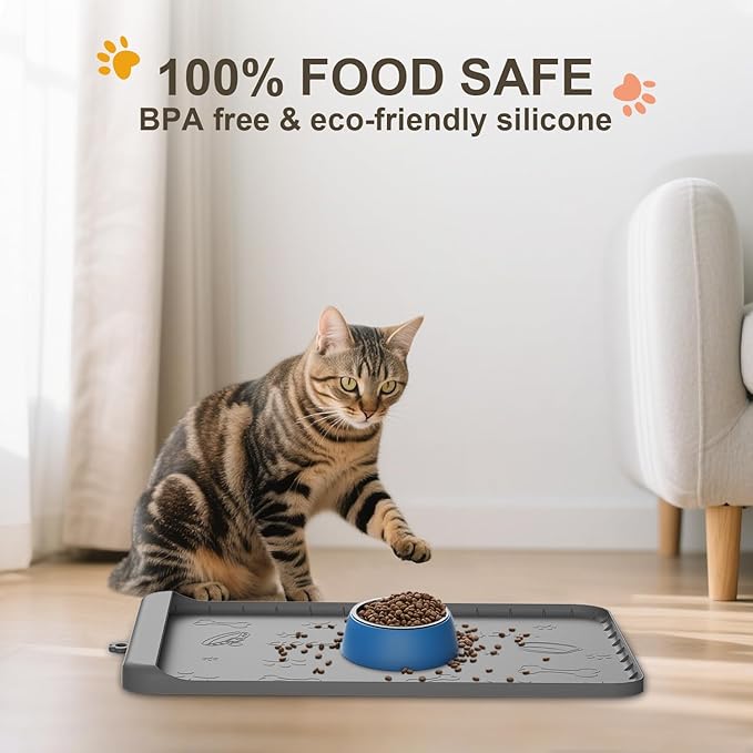 Dog Food Mat - Silicone Dog Mat for Water - 19" x 12" Pet Feeding Mats with Residue Collection Pocket - Waterproof Cat Bowl Mat with High Edges to Prevent Water Food Spills (Gray)