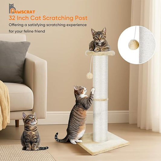 PAWSCRAT Cat Scratching Post 32" Tall, Large Diameter Natural Sisal Cat Scratch Post with Dangling Ball, Scratch-Resistant and Durable Tall Cat Scratcher for Indoor Cats, Protect Your Furniture, Beige