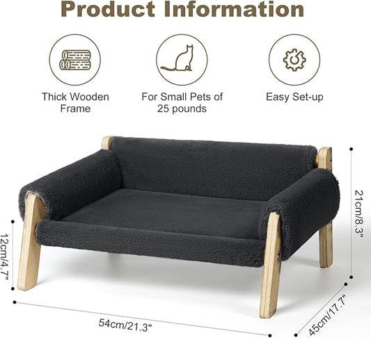 Elevated Cat Couch Bed for Indoor Cats - Wooden Pet Sofa with Removable Washable Thick Cover Raised Kitty Lounge Chair Suitable for Puppy or Small Animals(Cat Sofa Dark-Grey)