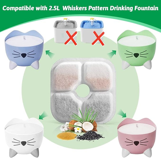 Cat Water Fountain Replacement Filters Fit for 2.5L Fountain with Whiskers Pattern Triple Action Water Pet Cat Drinking Fountain Filter Pack of 12